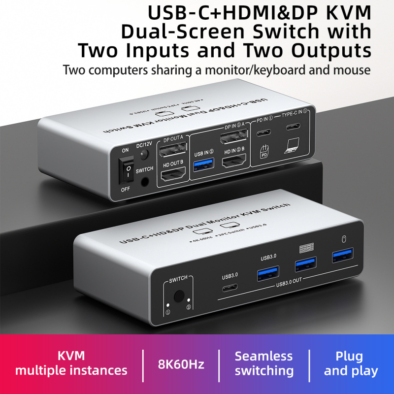 KVM prekidač za dva računala – 8K HDMI dvostrani prikaz, 2 ulaza/2 izlaza, Windows kompatibilan, kabel dužine 1 m, model SJW-KVM202B