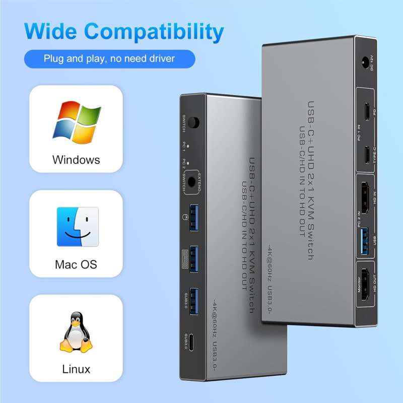 KVM prekidač za dva računala – 8K HDMI dvostrani prikaz, 2 ulaza/2 izlaza, Windows kompatibilan, kabel dužine 1 m, model SJW-KVM202B