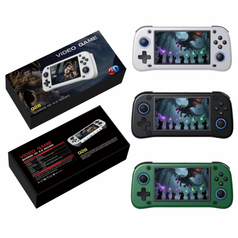 Consolă portabilă de jocuri cu joystick, sistem de operare open-source, 64GB memorie, interfață USB, conectivitate wireless și MP3 player