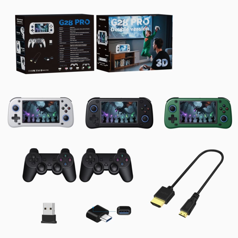 Consolă portabilă de jocuri cu joystick, sistem de operare open-source, 64GB memorie, interfață USB, conectivitate wireless și MP3 player