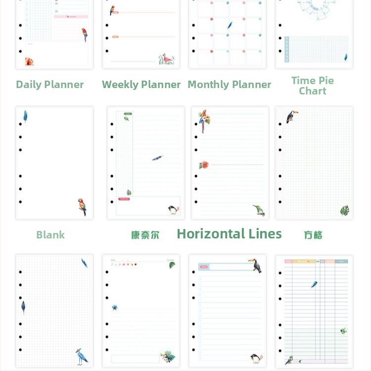 Refill loose-leaf A5/A6/A7 cu 6 găuri universale, hârtie offset dublă, 45 de file, nucleu interior personalizabil