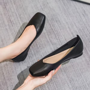 Pantofi damă din piele PU, slip-on, vârf rotund, toc mic, talpă din cauciuc