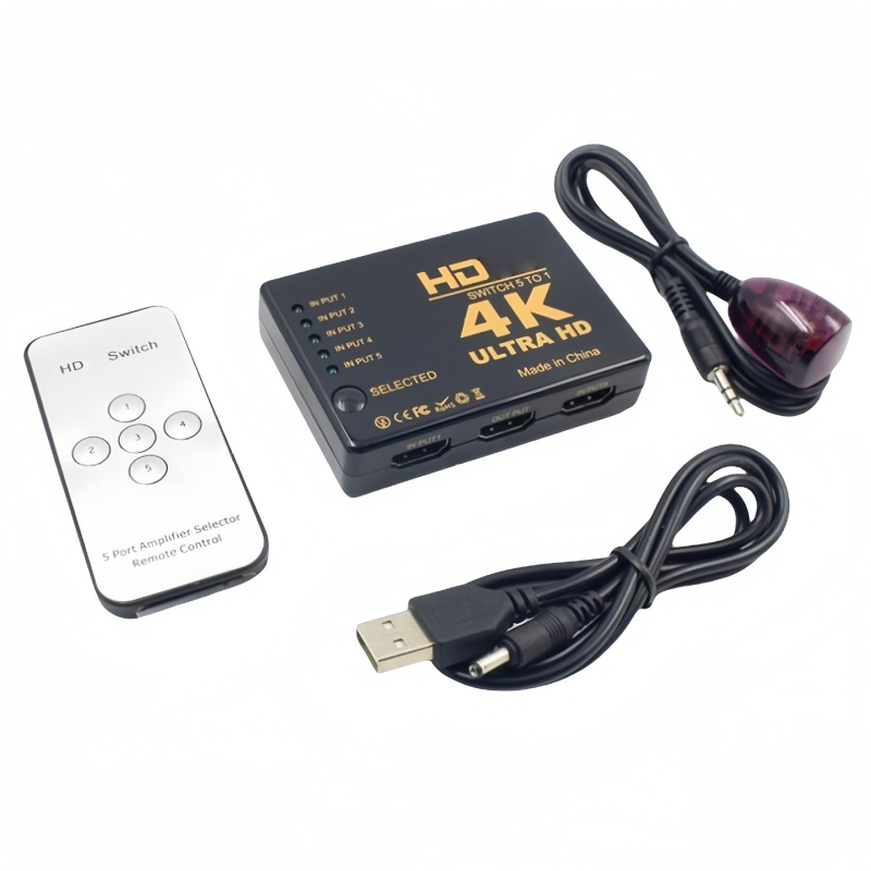 Bdxc-3–1/5–1 4K audio-video prekidač s IR distribucijom i TV daljinskim upravljačem, podijeljeni zaslon