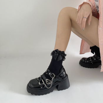 Pantofi Mary Jane – stil coreean, partea superioară din microfibră, vârf rotund, toc muffin 6–8 cm, închidere cu curea în formă de T