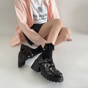 Pantofi Mary Jane – stil coreean, partea superioară din microfibră, vârf rotund, toc muffin 6–8 cm, închidere cu curea în formă de T