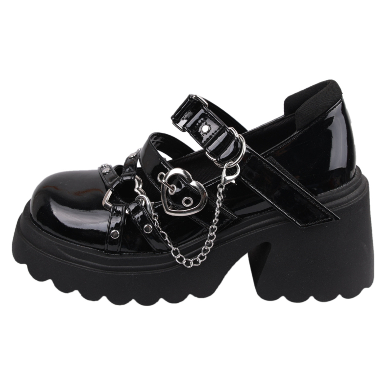 Pantofi Mary Jane – stil coreean, partea superioară din microfibră, vârf rotund, toc muffin 6–8 cm, închidere cu curea în formă de T