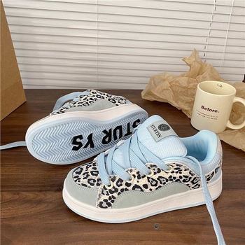 Унисекс спортни обувки с леопардов принт, нисък връх, PU горна част, гумена подметка, връзки, инжекционно формована подметка, PU стелка