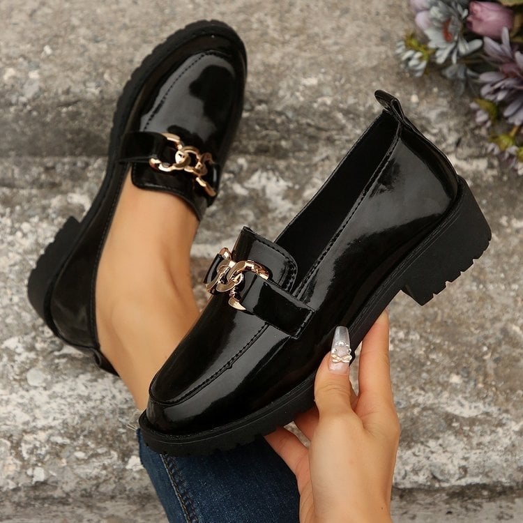 Loafers cu deget rotund, partea superioară PU, toc gros 3–5 cm, slip-on, talpă din cauciuc