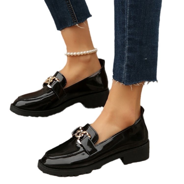 Loafers cu deget rotund, partea superioară PU, toc gros 3–5 cm, slip-on, talpă din cauciuc