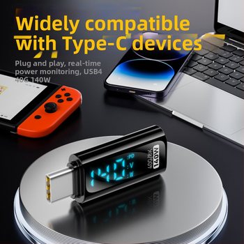 Type-C digitálny displejový adaptér s meraním prúdu a napätia, USB-C samec na samicu, PD140W inteligentný displej pre notebooky