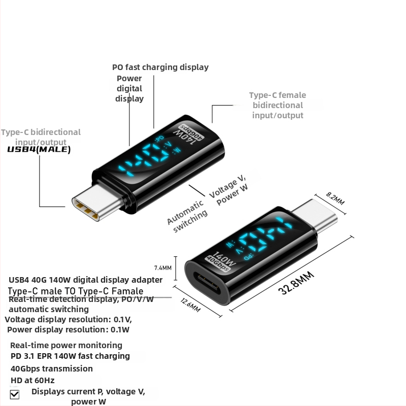 Type-C digitálny displejový adaptér s meraním prúdu a napätia, USB-C samec na samicu, PD140W inteligentný displej pre notebooky