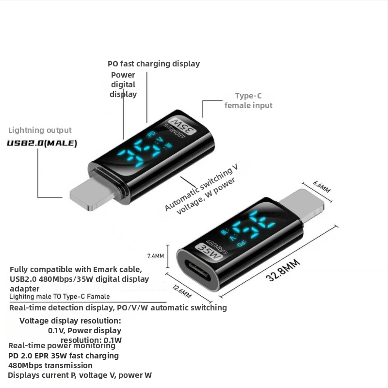Type-C digitálny displejový adaptér s meraním prúdu a napätia, USB-C samec na samicu, PD140W inteligentný displej pre notebooky