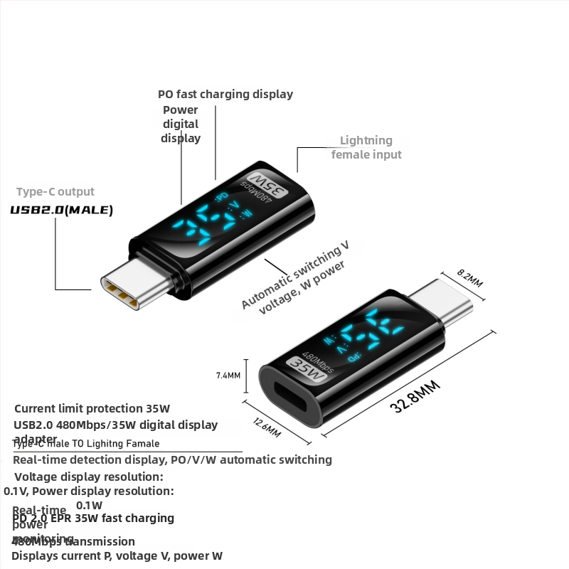 Type-C digitálny displejový adaptér s meraním prúdu a napätia, USB-C samec na samicu, PD140W inteligentný displej pre notebooky