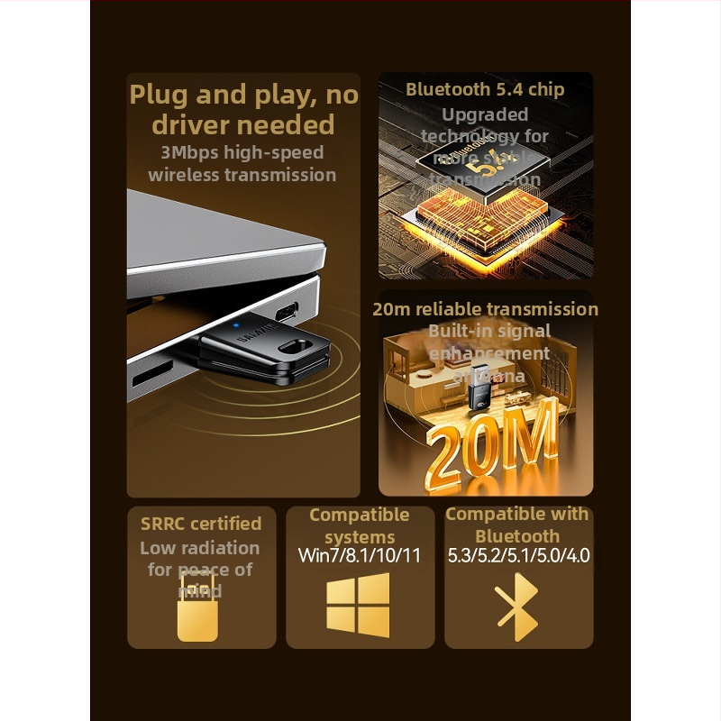 Bluetooth adaptér BT54H pre počítač, USB vysielač-prijímač modul, Bluetooth 5.4