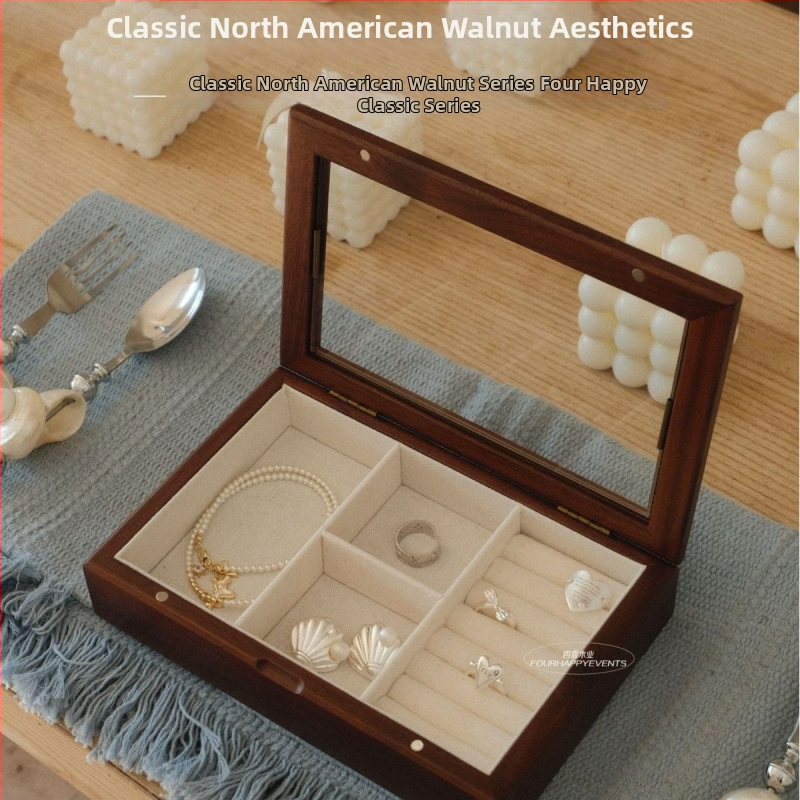 Kutija za nakit od orahovog drveta sa staklenim poklopcem – Sixi Wood Industry