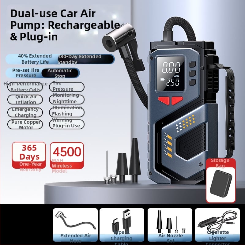 Еднокамерен 12V преносим автомобилен инфлатор (презареждащ се) — цифров дисплей, 35 л/мин, бърза инфлация, 20+ мин работа