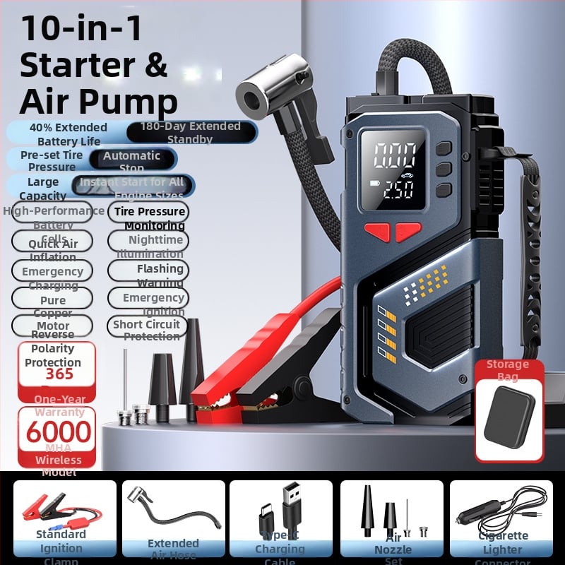 Еднокамерен 12V преносим автомобилен инфлатор (презареждащ се) — цифров дисплей, 35 л/мин, бърза инфлация, 20+ мин работа