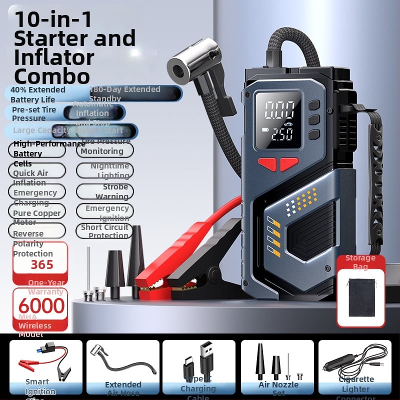 Еднокамерен 12V преносим автомобилен инфлатор (презареждащ се) — цифров дисплей, 35 л/мин, бърза инфлация, 20+ мин работа