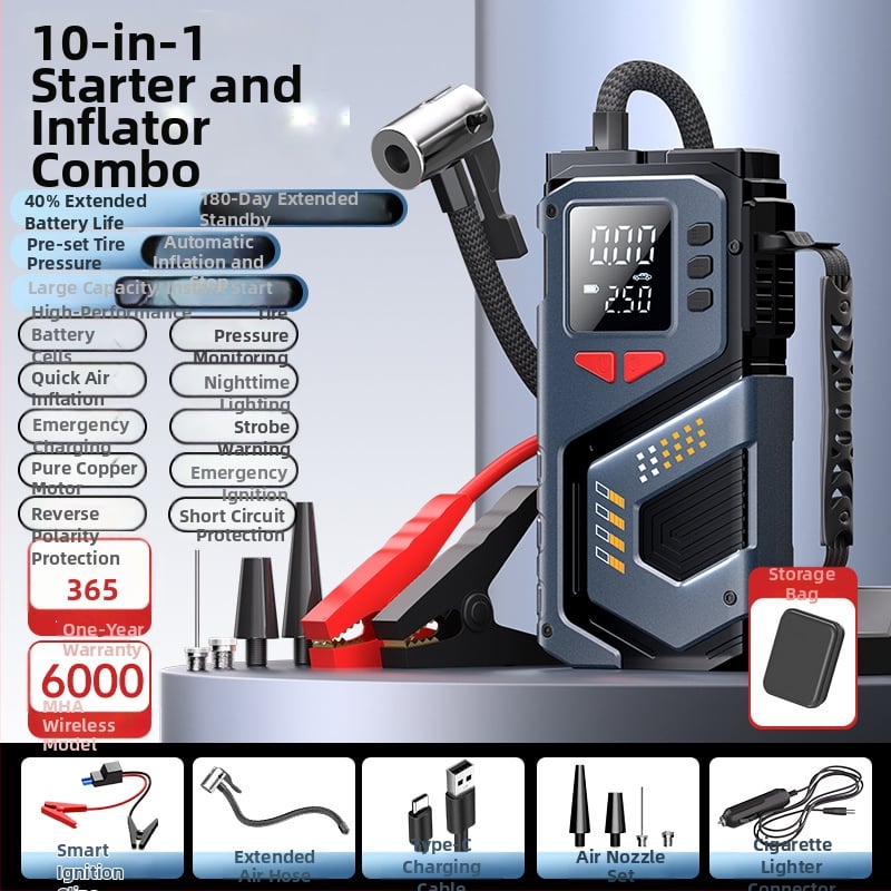 Еднокамерен 12V преносим автомобилен инфлатор (презареждащ се) — цифров дисплей, 35 л/мин, бърза инфлация, 20+ мин работа