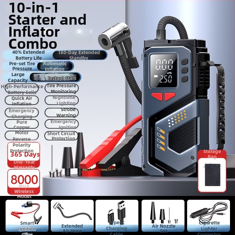 Еднокамерен 12V преносим автомобилен инфлатор (презареждащ се) — цифров дисплей, 35 л/мин, бърза инфлация, 20+ мин работа