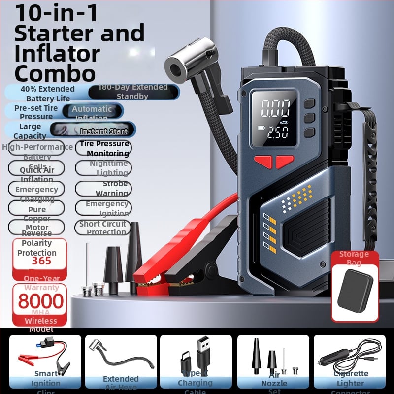 Еднокамерен 12V преносим автомобилен инфлатор (презареждащ се) — цифров дисплей, 35 л/мин, бърза инфлация, 20+ мин работа