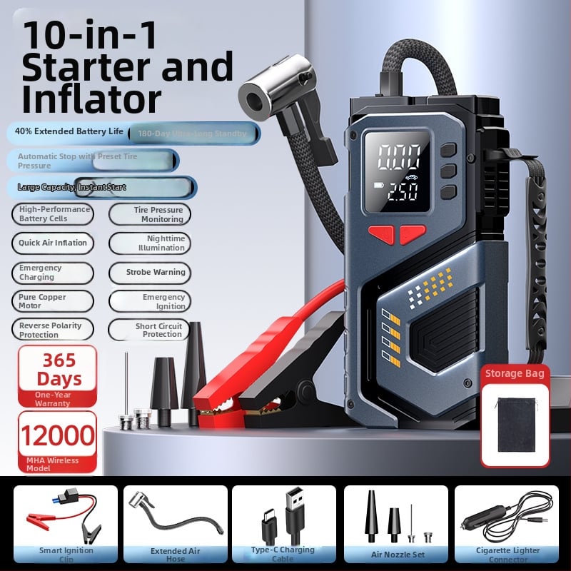 Еднокамерен 12V преносим автомобилен инфлатор (презареждащ се) — цифров дисплей, 35 л/мин, бърза инфлация, 20+ мин работа