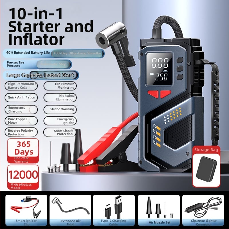 Еднокамерен 12V преносим автомобилен инфлатор (презареждащ се) — цифров дисплей, 35 л/мин, бърза инфлация, 20+ мин работа