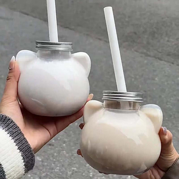 Plastična čaša za mliječni čaj s reljefnim dizajnom, tisk loga, poklopac i slamka, mačji motiv