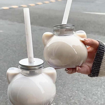 Plastična čaša za mliječni čaj s reljefnim dizajnom, tisk loga, poklopac i slamka, mačji motiv