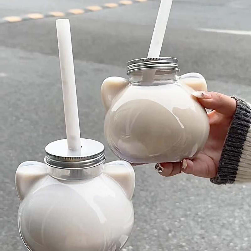 Plastična čaša za mliječni čaj s reljefnim dizajnom, tisk loga, poklopac i slamka, mačji motiv