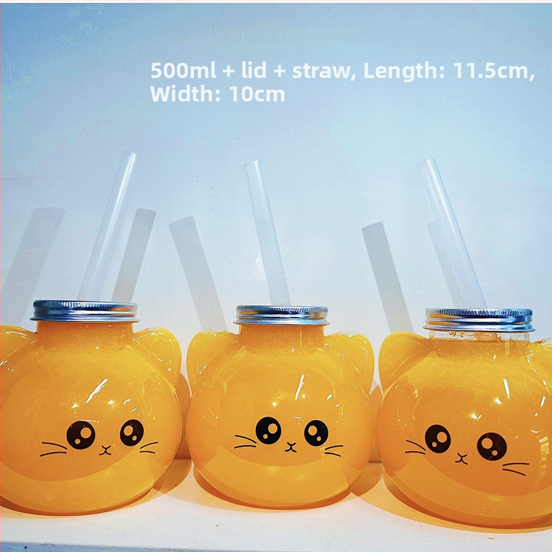 Plastična čaša za mliječni čaj s reljefnim dizajnom, tisk loga, poklopac i slamka, mačji motiv