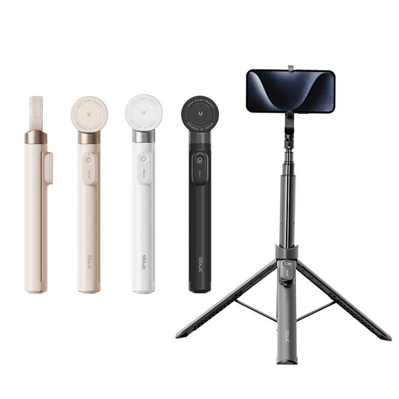 Selfie stick din aliaj de aluminiu, telecomandă Bluetooth, suport ascuns pentru telefon, prindere magnetică cu două fețe, trepied de podea retractabil