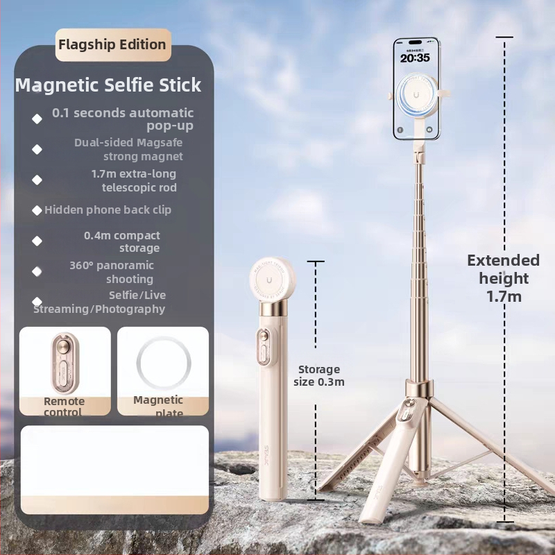 Selfie tyč z hliníkovej zliatiny, Bluetooth diaľkové ovládanie, skrytý držiak na telefón, dvojstranné magnetické uchopenie, vysúvací podlahový statív