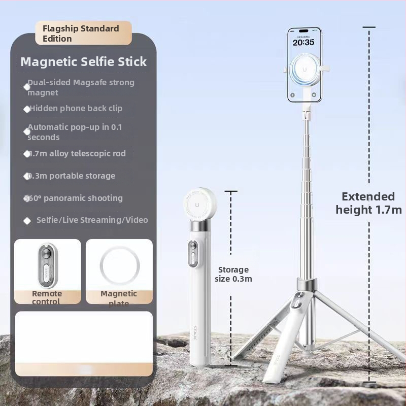 Selfie tyč z hliníkovej zliatiny, Bluetooth diaľkové ovládanie, skrytý držiak na telefón, dvojstranné magnetické uchopenie, vysúvací podlahový statív