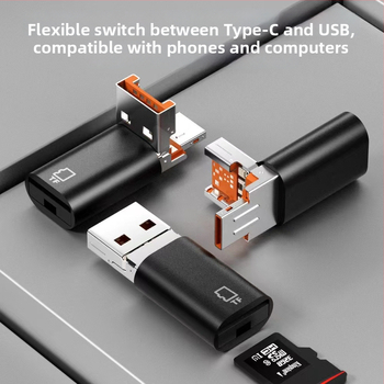 OTG USB-C adaptér s TF čítačkou kariet, 2-v-1 skladací dizajn, model D-101, kompatibilný s Type-C, Lightning a USB zariadeniami