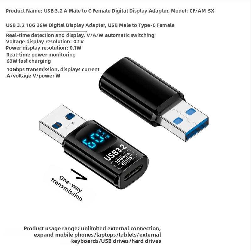 USB digitálny displejový adaptér zobrazuje napätie, prúd a výkon – Tanigawa Adapter-usb digital display, univerzálny OTG-kompatibilný