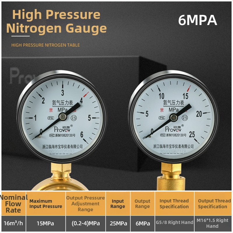 YQD-370 Vysokotlakový regulátor dusíka, telo z čistého medi, závitové pripojenie, rozsah merania 2-4/6