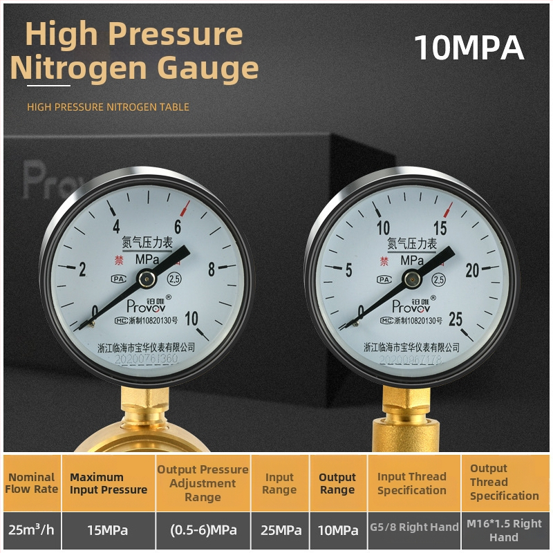 YQD-370 Vysokotlakový regulátor dusíka, telo z čistého medi, závitové pripojenie, rozsah merania 2-4/6