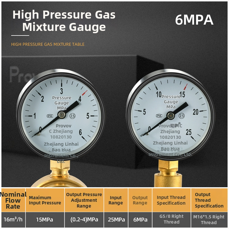 YQD-370 Vysokotlakový regulátor dusíka, telo z čistého medi, závitové pripojenie, rozsah merania 2-4/6