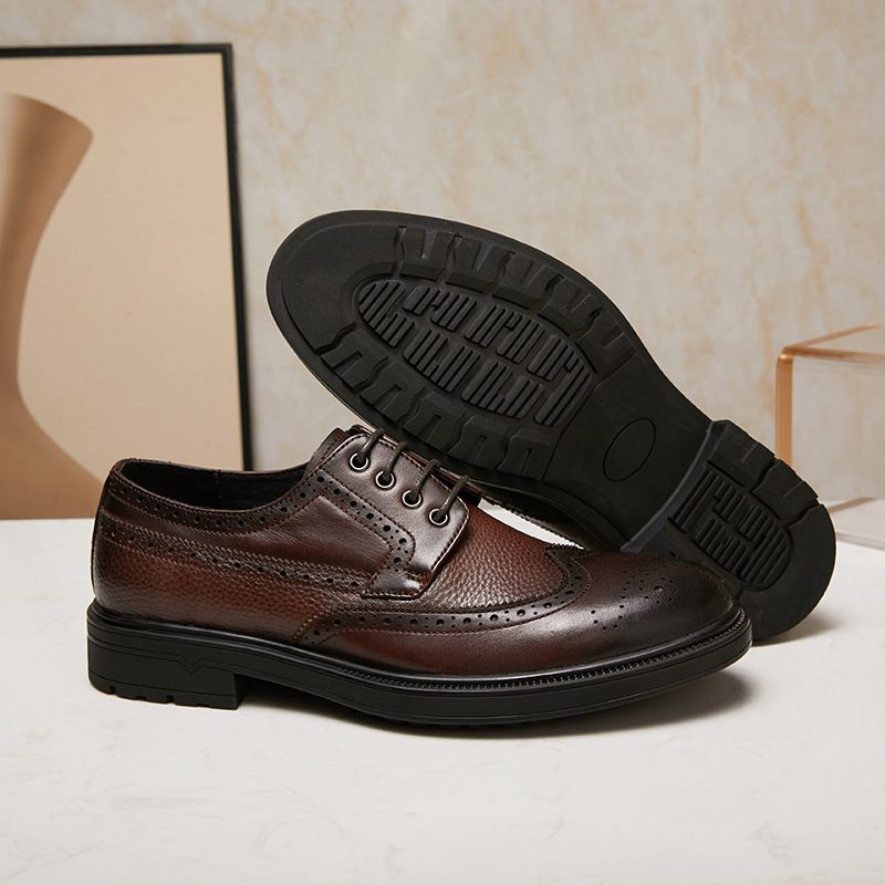 Pantofi eleganți din piele pentru bărbați, cu șireturi, decor brogue gravat, partea superioară din piele de vacă, vârful din piele, talpă din cauciuc, respirabili, antiderapanti