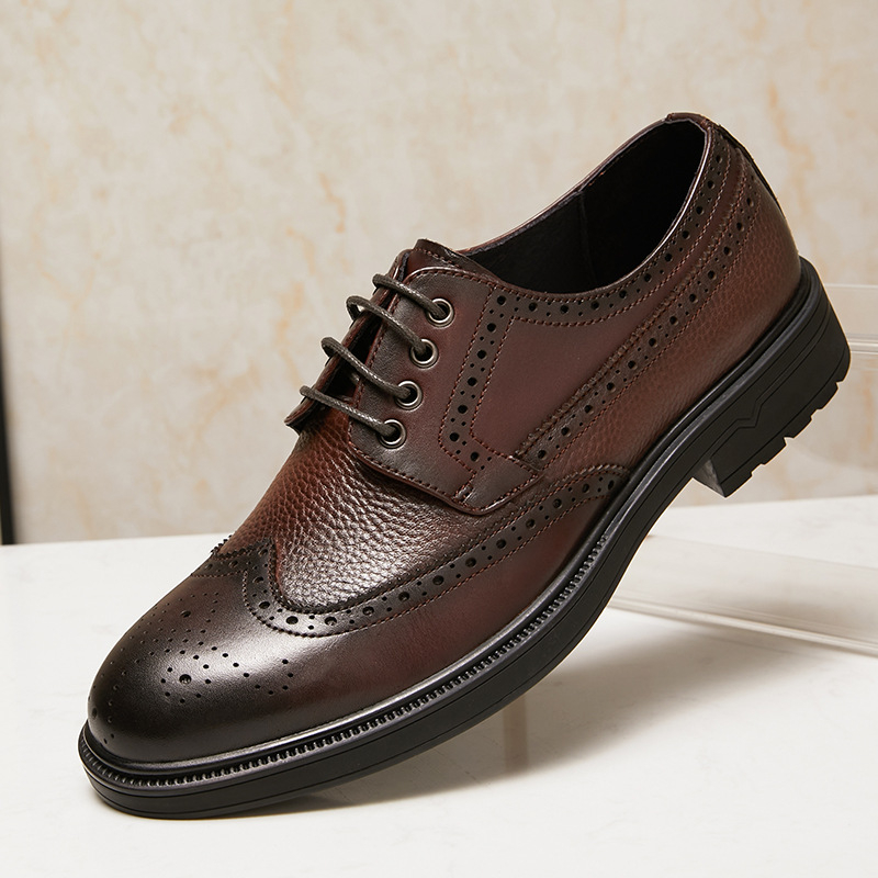 Pantofi eleganți din piele pentru bărbați, cu șireturi, decor brogue gravat, partea superioară din piele de vacă, vârful din piele, talpă din cauciuc, respirabili, antiderapanti