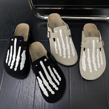 Férfi cork papucs csontdizájnnal - fa talp, felső rész split bőrből, hétköznapi zárt orrú, nyár 2024