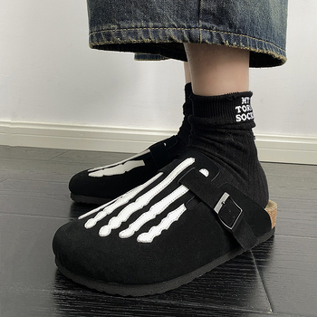 Férfi cork papucs csontdizájnnal - fa talp, felső rész split bőrből, hétköznapi zárt orrú, nyár 2024