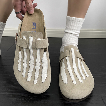 Férfi cork papucs csontdizájnnal - fa talp, felső rész split bőrből, hétköznapi zárt orrú, nyár 2024