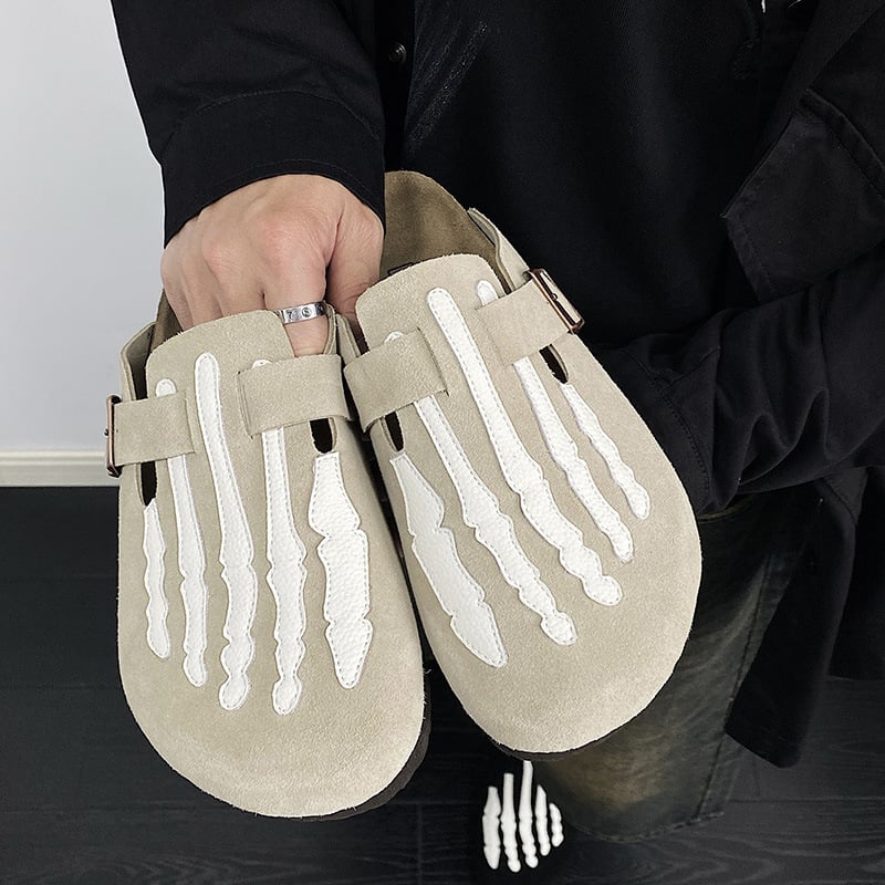 Férfi cork papucs csontdizájnnal - fa talp, felső rész split bőrből, hétköznapi zárt orrú, nyár 2024