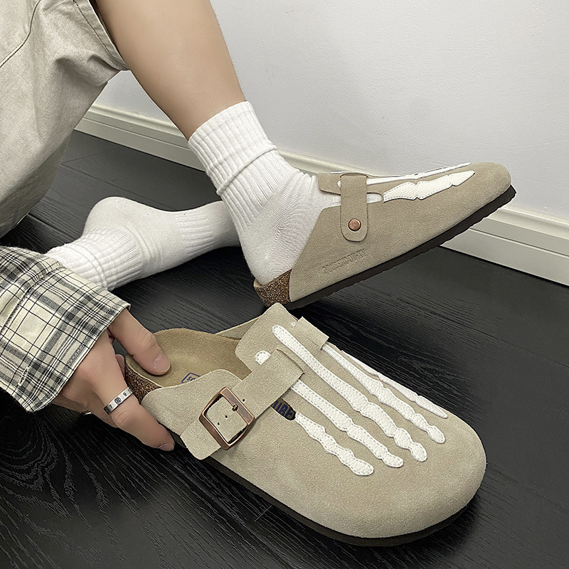 Férfi cork papucs csontdizájnnal - fa talp, felső rész split bőrből, hétköznapi zárt orrú, nyár 2024