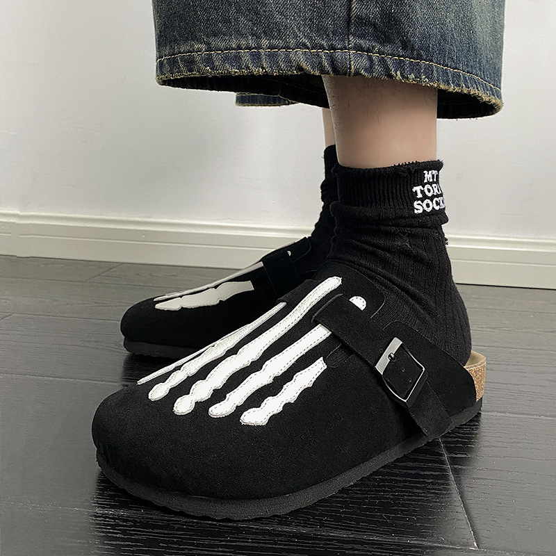 Férfi cork papucs csontdizájnnal - fa talp, felső rész split bőrből, hétköznapi zárt orrú, nyár 2024