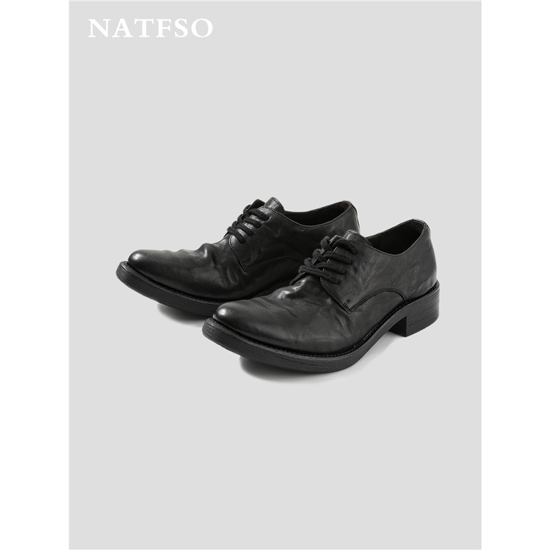 Pantofi Derby cu vârf ascuțit, partea superioară din piele split, talpă din cauciuc, șireturi, căptușeală din piele microfibră