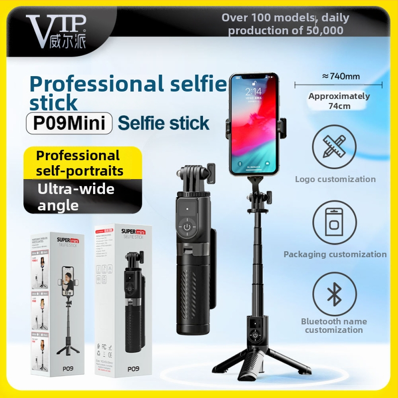 P09 Mini Držiak na Telefón z hliníkovej zliatiny + nerezovej ocele, so osvetlením a Bluetooth selfie tyčou – Prenosný stojan pre živé vysielanie
