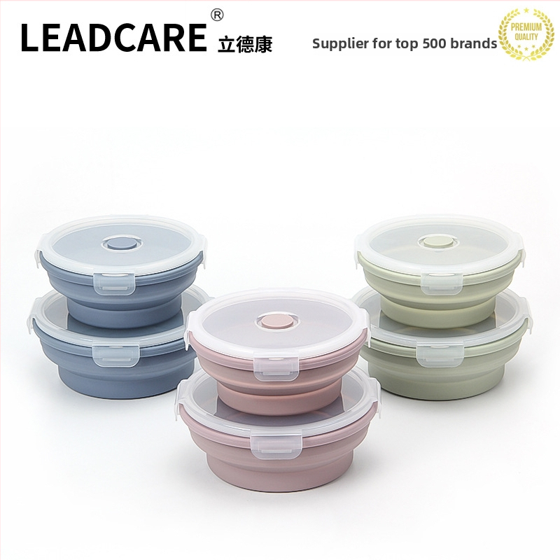 Σιλικονούχο αναδιπλούμενο κουτί φαγητού, στρογγυλό, ασφαλές για τρόφιμα, μικροκυμάτων, χωρητικότητας 0,3–2 L, για εξωτερικούς χώρους και γραφείο